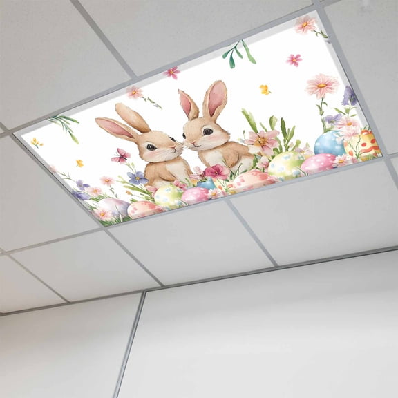 Spring Bunny Easter Fluorescent Light Covers, Floral Botanical Colorful Eggs Magnetic Light Covers for Ceiling Lights, Fluorescent Ceiling Shade Filters for Classroom Bedroom Office 4x2Ft x 1PCS