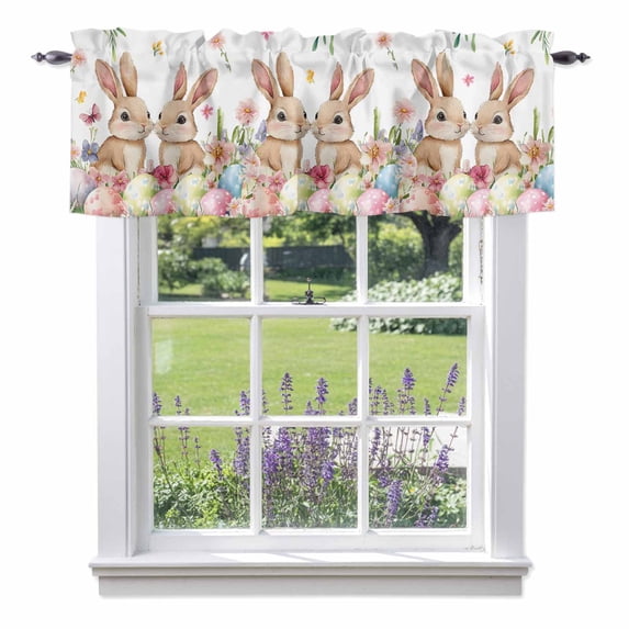 Spring Bunny Easter Kitchen Curtain Valances for Windows Farmhouse Short Curtains, Floral Botanical Colorful Eggs Rod Pocket Valance Curtain for Bedroom Cafe Living Room