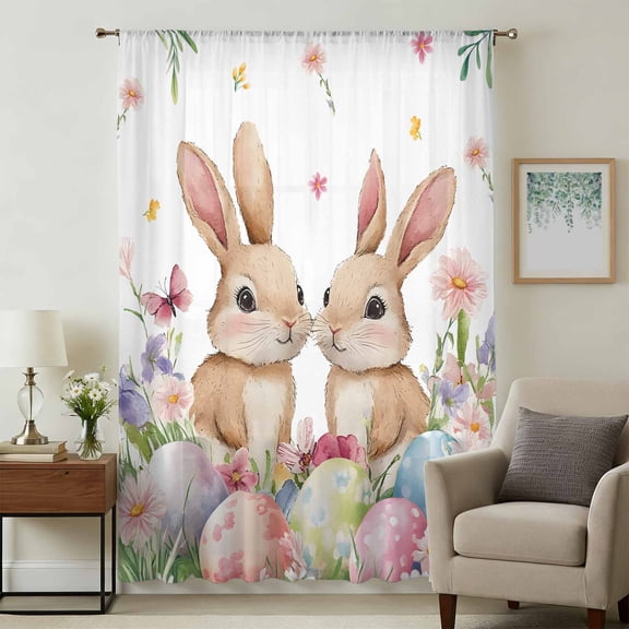 Spring Bunny Easter Sheer Curtains 108 Inches Extra Long, Floral Botanical Colorful Eggs Light Filering Curtains, Privacy Drapes Simi Floor to Veiling Curtain for Living Room Large Window Treatment