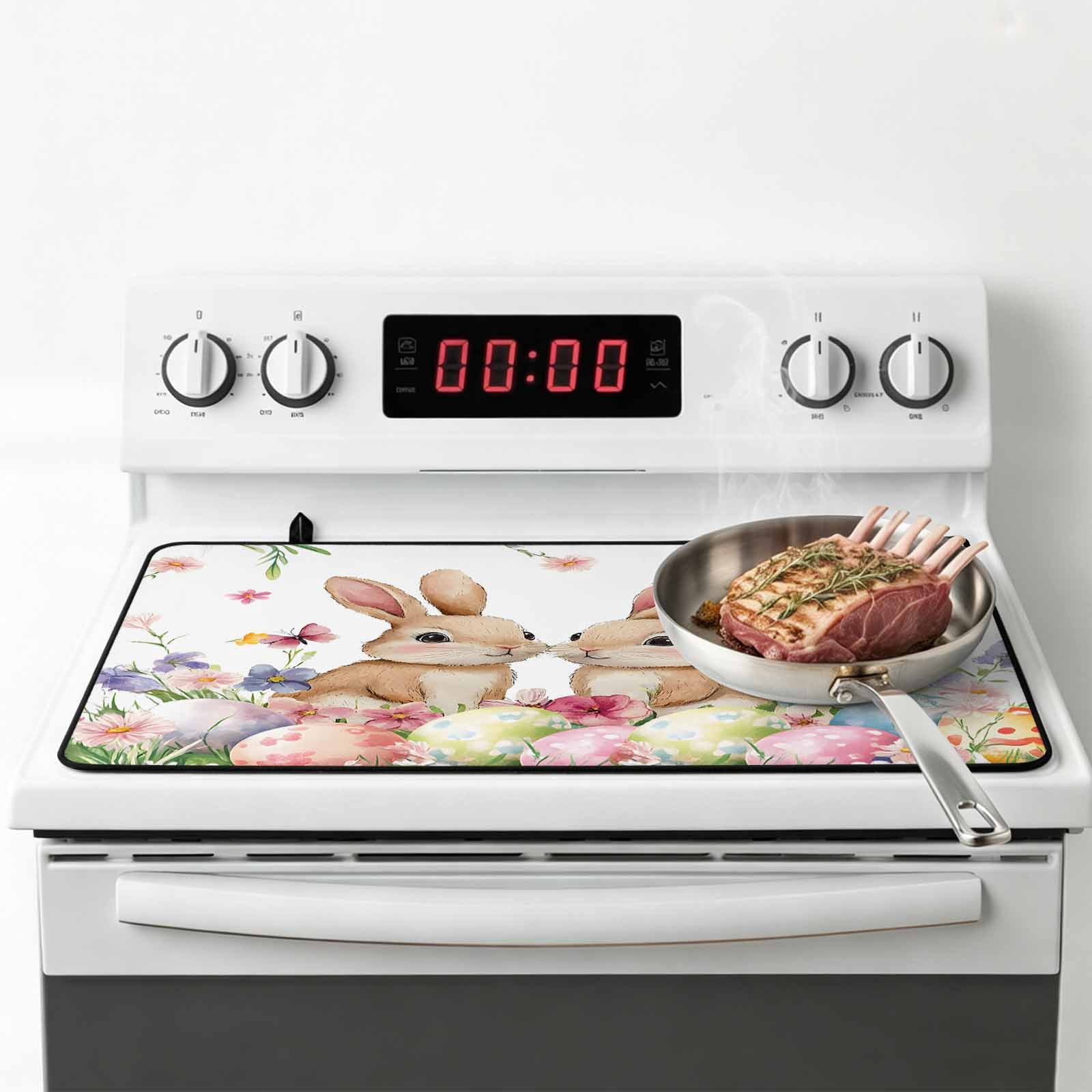 Spring Bunny Easter Stove Top Cover for Electric Stove, Heat-proof & Non Slip Glass Top Stove Cover Protector, Floral Botanical Colorful Eggs Kitchen Flat Cooktop Rubber Mat 24x21 Inches
