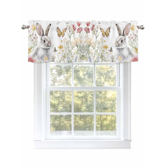 Spring Bunny Easter Valances for Windows, Rod Pocket Kitchen Valance Curtains - Soft Small Window Treatment for Living Room, Butterfly Flower Watercolor, 42x12 Inch