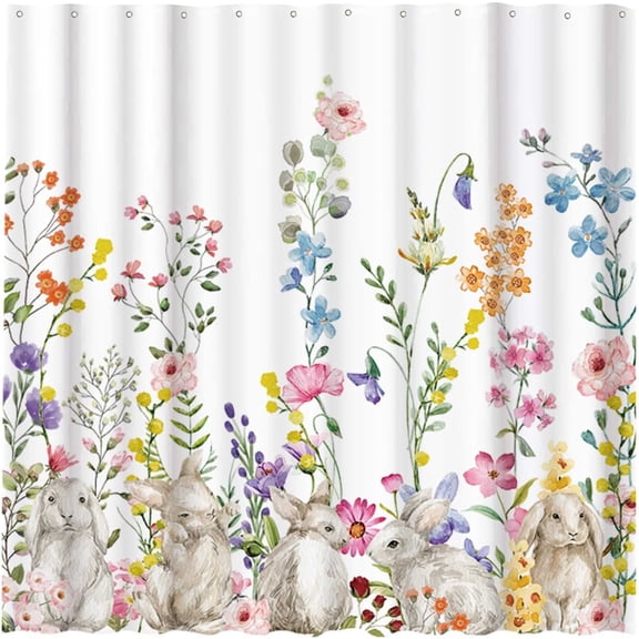 Spring Bunny Shower Curtain Set with Hooks Watercolor Flowers Bohemian Rustic Easter Rabbit Farm House Festival Bathroom Bathtubs Decor Easy Care Washable Durable Polyester Fabric 72" X 72"