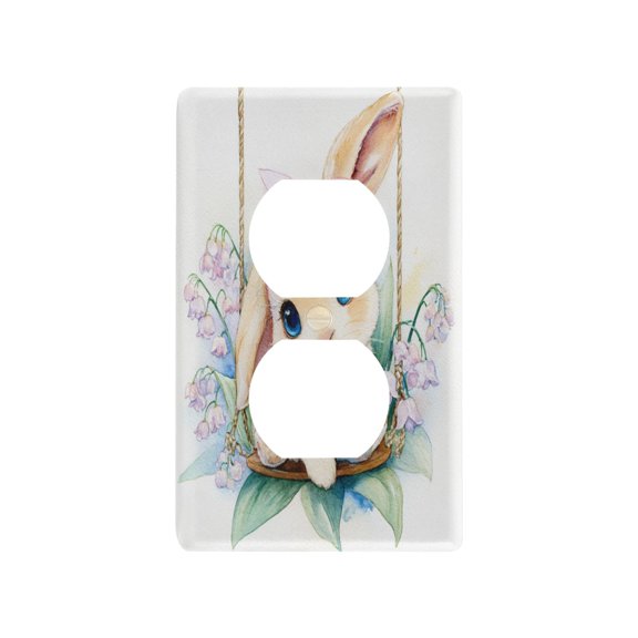 Spring Bunny with Flowers Decorative Wall Plate, Flame Retardant PC Plastic Light Switch & Outlet Cover with Mounting Screws Fits Duplex Outlets