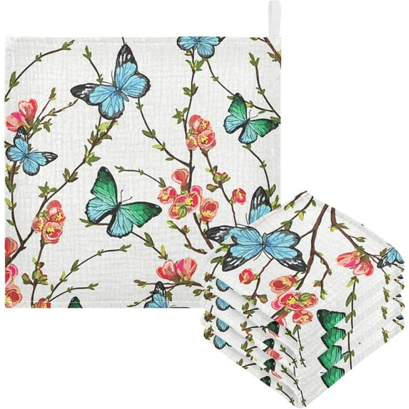 Spring Butterflies Branches Baby Muslin Washcloths Soft Absorbent Face Towel, Tropical Japanese Flowers Burp Cloths Cotton Bath Wipes 5 PCS Infant Wash Cloth for Newborn Boys Girls 12x12 inches
