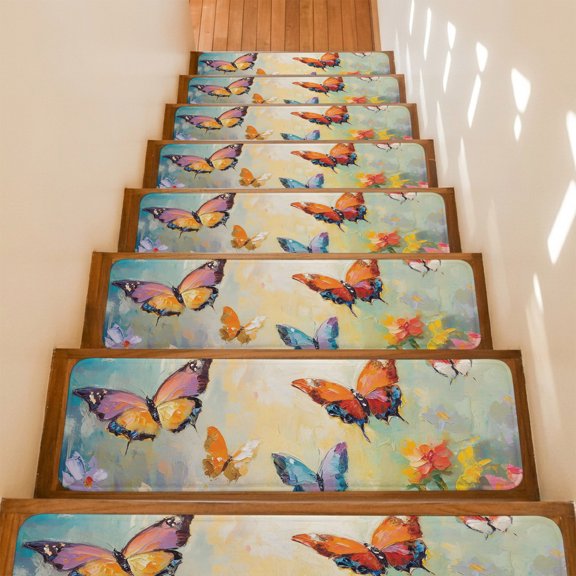 Spring Butterflies Flower Non-Slip Stair Treads for Wooden Steps, 4 Pack 8x30 Inch Carpet Stair Mats with Adhesive Backing, Noise-Reducing Step Covers for Indoor Stairs, Easy Install & Residue-Free