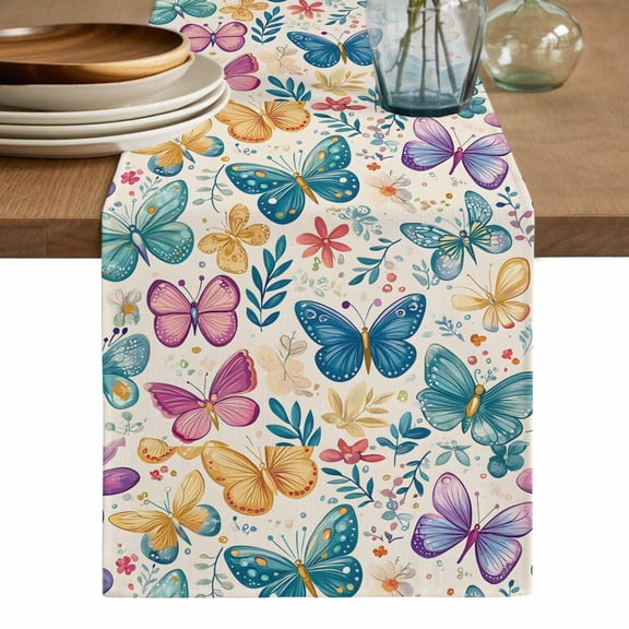 Spring Butterflies Table Runner, Summer Countryside Leaf Flowers Washable Cotton Linen Table Runners 36 Inches Long, Dresser Scarf Runner for Nightstand/End Tables/Round Tables 13''x36''