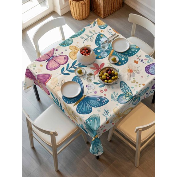 Spring Butterflies Tablecloth Square Table Cloth 54x54,Waterproof Outdoor Table Cloth Covers Decorative Table Protector ,Summer Countryside Leaf Flowers Washable Table Cover for Kitchen Dinning Party