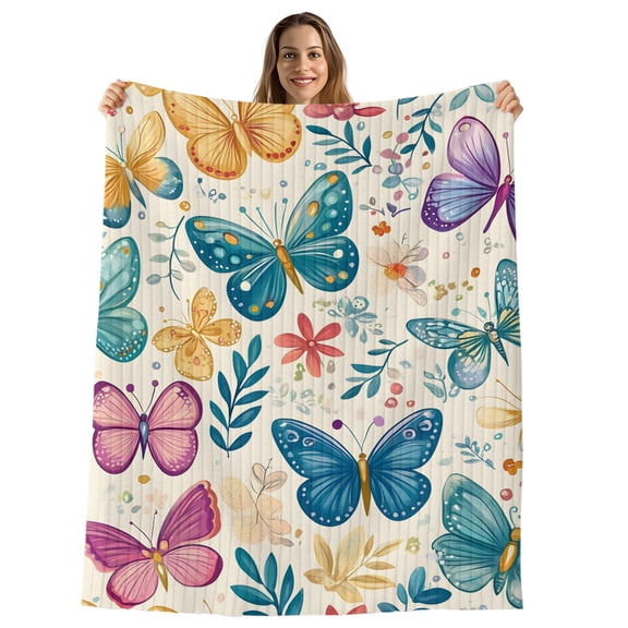 Spring Butterflies Throw Blanket, Flannel Fleece Blanket with Striped Design for Couch, Summer Countryside Leaf Flowers Soft Breathable All Season Plush Blankets for Sofa Office Chair 30"x40"