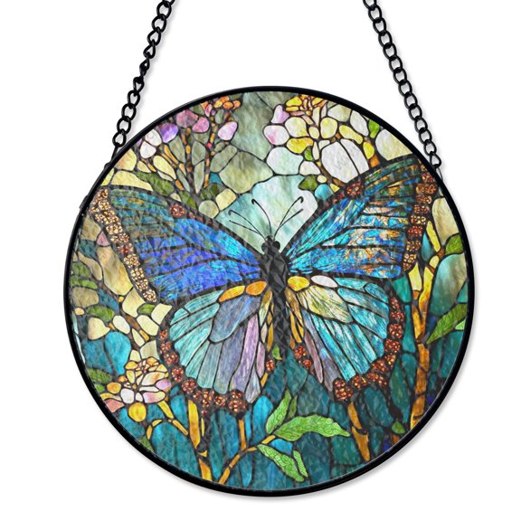 Spring Butterfly Blue Multi Color Wings Suncatcher, Stained Glass Style, UV Printed Glass, Garden Insect Decor Gift, Round