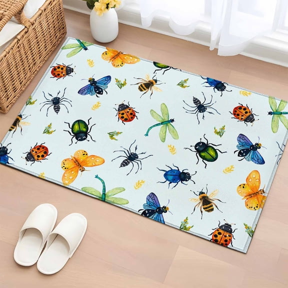 Spring Butterfly Dragonfly 2'x3' Washable Rug, Rustic Botanical Floral Teal Green Non-Slip Soft Doormat Area Rugs for Entrance Bathroom Bedsides, Carpet for Kitchen Bedroom, Entryway Floor Mat