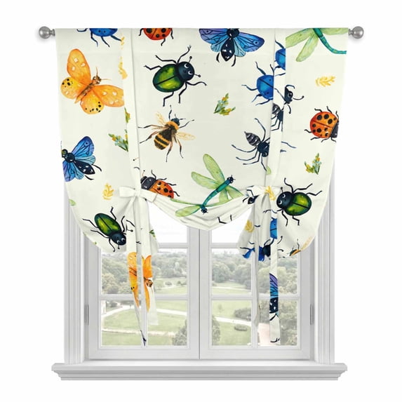 Spring Butterfly Dragonfly Balloon Curtains for Living Room/French Door, Beige Botanical Floral Rustic Tie Up Curtains 63 Inch Length Energy Saving Kitchen Curtains Shades for Windows 42"x63"