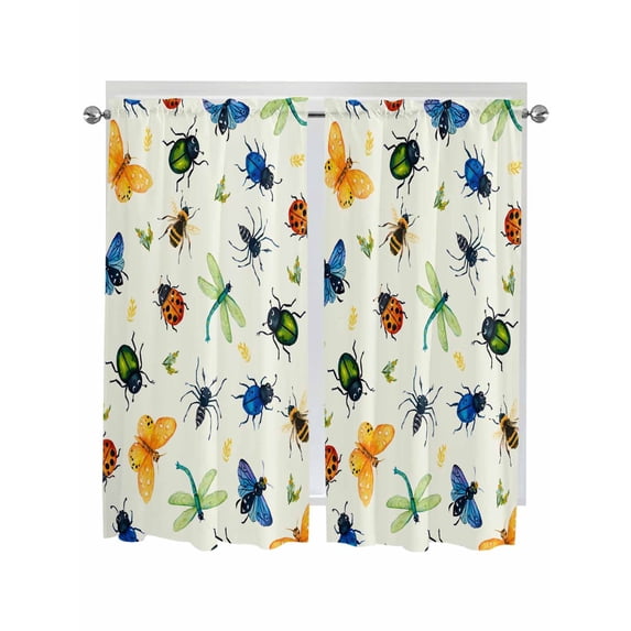 Spring Butterfly Dragonfly Bathroom Window Curtain, Beige Botanical Floral Rustic Light Filtering Coffee Kitchen Curtains, Bedroom Living Room Curtains 2 Panel 84"x63"