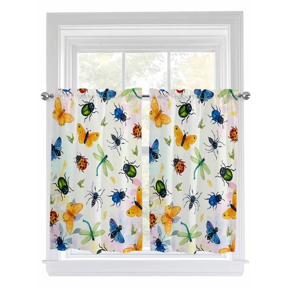 Spring Butterfly Dragonfly Bathroom Window Curtain, Botanical Floral Colorful Light Filtering Coffee Kitchen Curtains, Bedroom Living Room Curtains 2 Panel 84"x45"