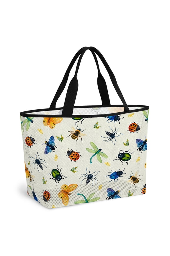 Spring Butterfly Dragonfly Beach Bag for Women, Large Breathable Mesh Beach Tote Bag, Beige Botanical Floral Rustic Sandproof Lightweight Travel Bags for Vacation Picnic Swimming Pool