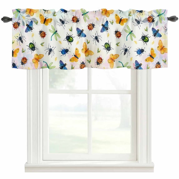 Spring Butterfly Dragonfly Farmhouse Short Window Curtain Valances, Botanical Floral Colorful Rod Pocket Kitchen Valances for Living Room Bedroom Bathroom Cafe 42" x 12"