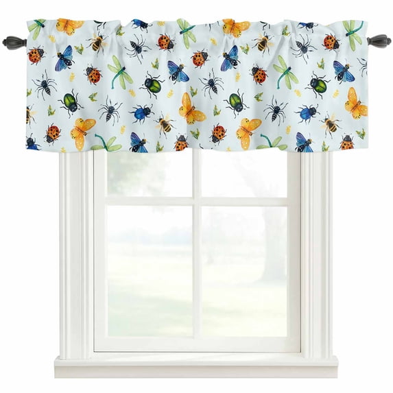 Spring Butterfly Dragonfly Farmhouse Short Window Curtain Valances, Rustic Botanical Floral Teal Green Rod Pocket Kitchen Valances for Living Room Bedroom Bathroom Cafe 60" x 18"