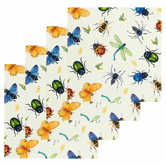 Spring Butterfly Dragonfly Kitchen Dish Towels for Drying Dishes Set of 4, Beige Botanical Floral Rustic Waffle Weave Microfiber Hand Tea Bathroom Towels Quick Dry & Absorbent Towel 12x12