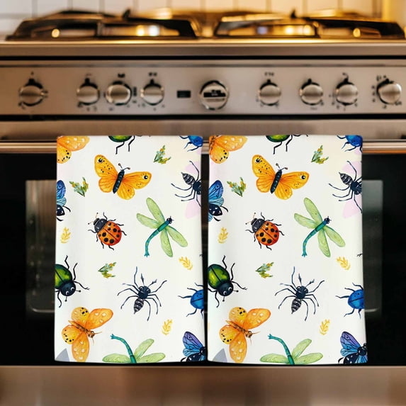 Spring Butterfly Dragonfly Kitchen Towels Set of 2, Botanical Floral Colorful Absorbent Dish Towels for Kitchen, Microfiber Hand Towel, Quick Drying Tea Towel for Cleaning Decorative Dishcloths