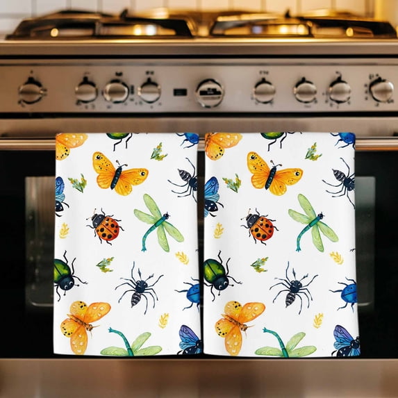 Spring Butterfly Dragonfly Kitchen Towels Set of 3, Farmhouse Botanical Floral Absorbent Dish Towels for Kitchen, Microfiber Hand Towel, Quick Drying Tea Towel for Cleaning Decorative Dishcloths