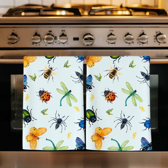 Spring Butterfly Dragonfly Kitchen Towels Set of 4, Rustic Botanical Floral Teal Green Absorbent Dish Towels for Kitchen, Microfiber Hand Towel, Quick Drying Tea Towel for Cleaning Dishcloths