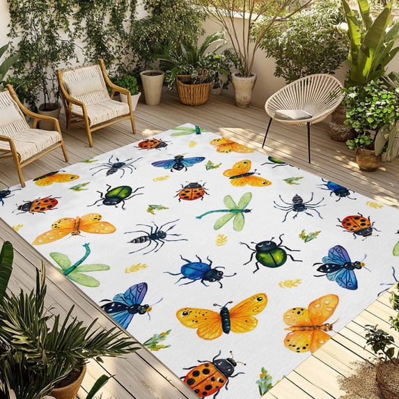 Spring Butterfly Dragonfly Outdoor Rug for Patio/Deck/Porch, Non-Slip Large Area Rug 3 x 5 Ft, Farmhouse Botanical Floral Indoor Outdoor Rugs Washable Area Rugs, Reversible Camping Rug Carpet Runner