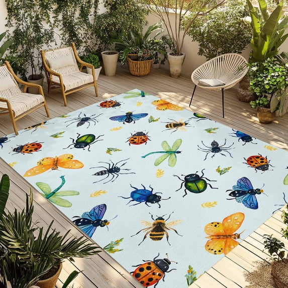Spring Butterfly Dragonfly Outdoor Rug for Patio/Deck/Porch, Non-Slip Large Area Rug 3 x 5 Ft, Rustic Botanical Floral Teal Green Indoor Outdoor Rugs Washable Area Rugs, Camping Rug Carpet Runner