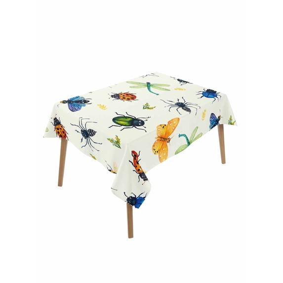 Spring Butterfly Dragonfly Rectangle Tablecloth, Beige Botanical Floral Rustic Waterproof & StainResistant Tablecloth, Washable Oil-proof Table Cover for Dining/Party/Wedding/Camping/Buffet 52x70 In