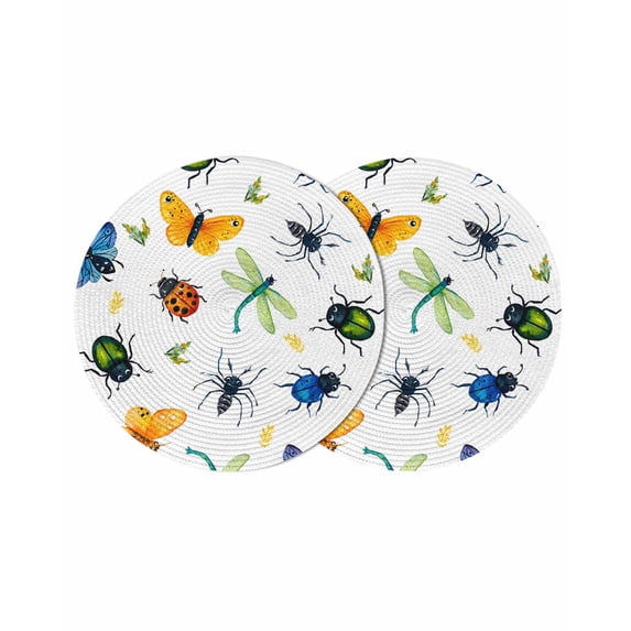 Spring Butterfly Dragonfly Round 13 Inch Placemats Set of 2, Farmhouse Botanical Floral HeatResistant Non Slip Place Mats for Dining Table, Wipeable Braided Kitchen Table Mats for Housewarming