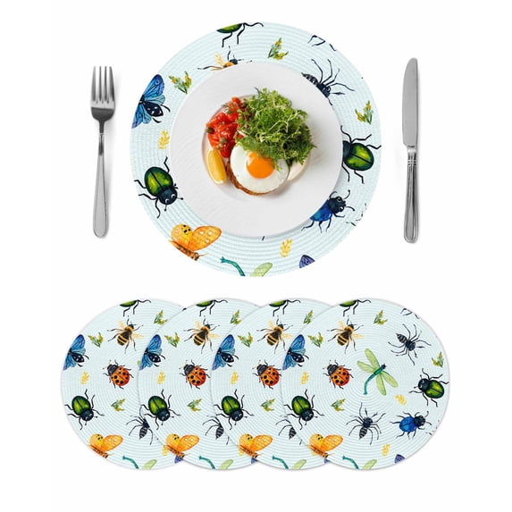 Spring Butterfly Dragonfly Round 13 Inch Placemats Set of 4, Rustic Botanical Floral Teal Green HeatResistant Non Slip Place Mats for Dining Table, Wipeable Kitchen Table Mats for Housewarming