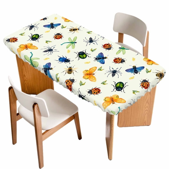 Spring Butterfly Dragonfly Table Cloths for 5 Foot Rectangle Tables, Beige Botanical Floral Rustic Patio Waterproof Elastic Fitted Tablecloths, Washable Rectangular Table Cover for Camping