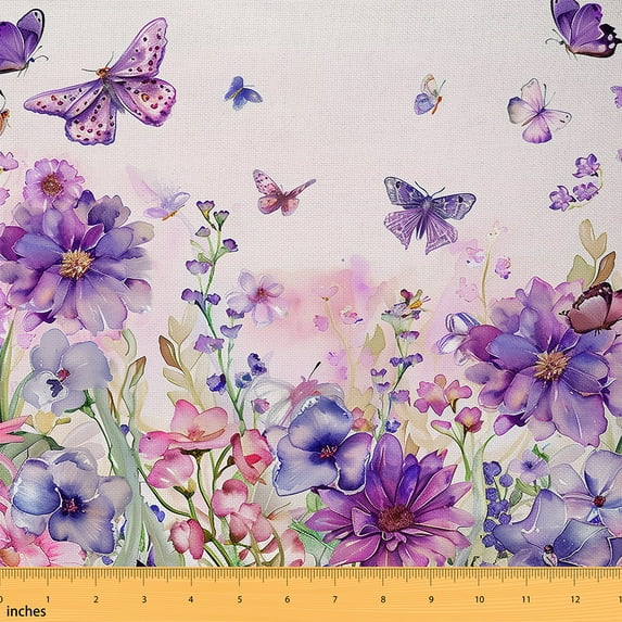 Spring Butterfly Fabric by The Yard,Floral Upholstery Fabric,Garden DIY Quilting Fabric by The Yard for Quilting Sewing,Watercolor Butterfly Decorative Fabric,2 Yards,Purple Pink