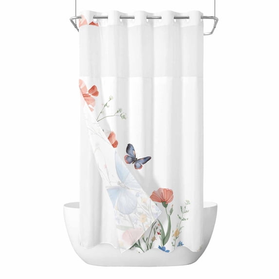 Spring Butterfly Flower No Hooks Shower Curtain with Snap-in Liner Retro Country Blue Butterfly Red Floral Leaf Shower Curtains for Bathroom, Waterproof, Easy Install, Washable 36"x78"