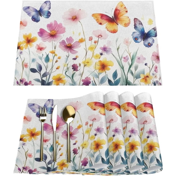 Spring Butterfly Flower Pattern Placemats Set of 6 Washable Kitchen Dining Table Mats 12 x 18 Inch Modern Cloth Place Mats Non-Slip Heat Resistant Placemats for Home Farmhouse Kitchen Dinner Party