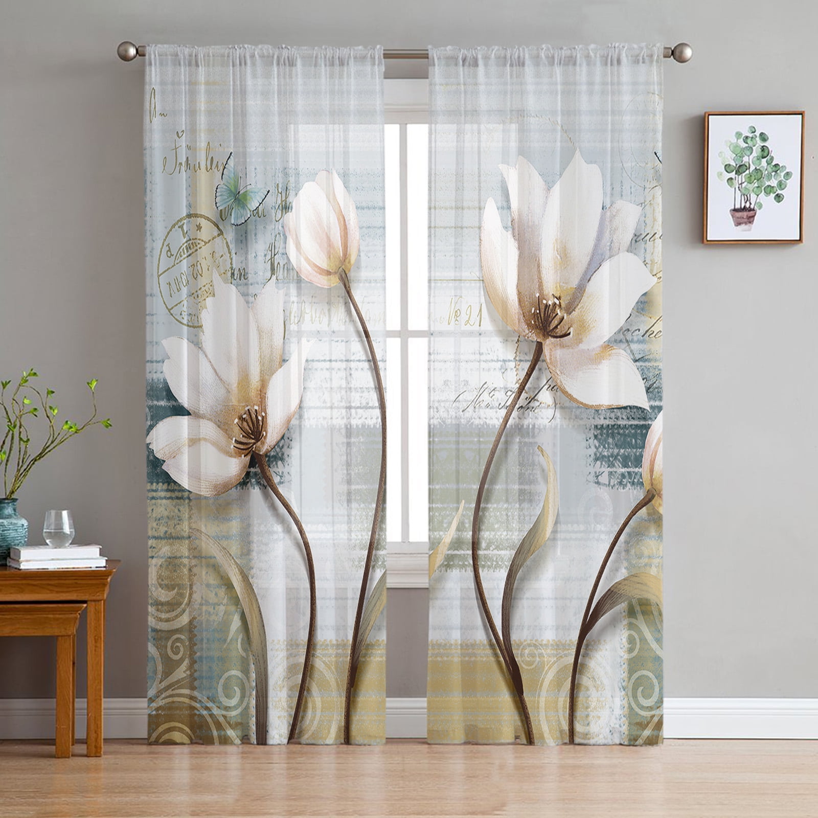 Spring Butterfly Green Leaves Flower Tulle Curtains for Living Room ...