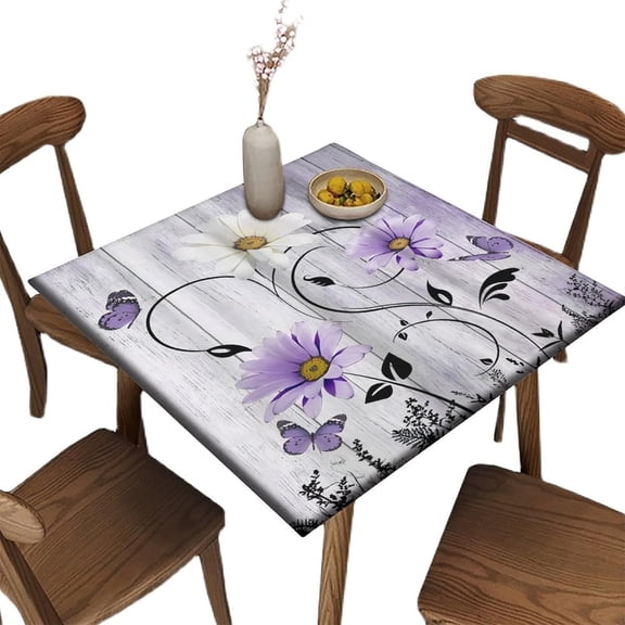 Spring Butterfly Grey Square Fitted Tablecloths, Floral Lavender Lilac Elastic Edged Table Cover, for Kitchen Dining, Party, Holiday, Christmas, Buffet, Fits to 32 x 32 in Table