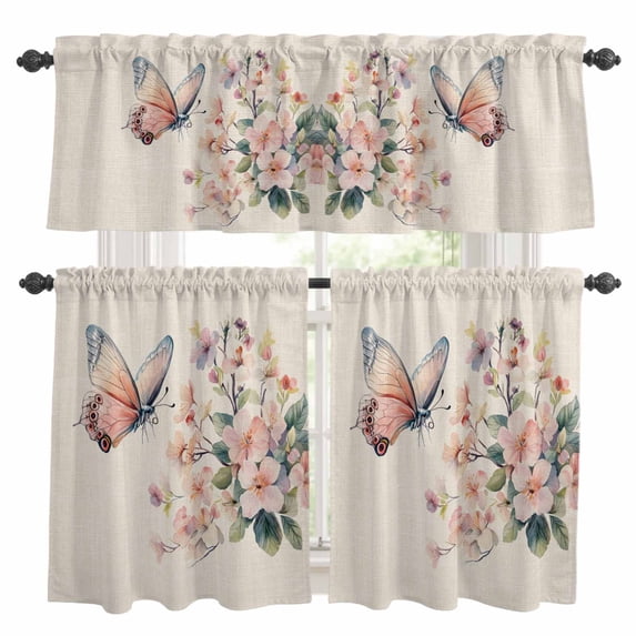 Spring Butterfly Kitchen Curtains Sets for Windows 36 Inch Length, Farmhouse Retro Botanical Flowers Rod Pocket Window Treatments Tier Curtains and Valances Set for Bedroom/Bathroom