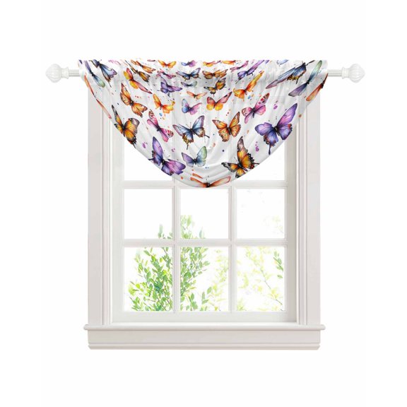 Spring Butterfly Sheer Waterfall Valance Curtains for Window, Summer Watercolor Farmhouse Rod Pocket Sheer Topper Swag Curtains for Living Room, Kitchen 38.5"W x 47.2"L, 1 Panel