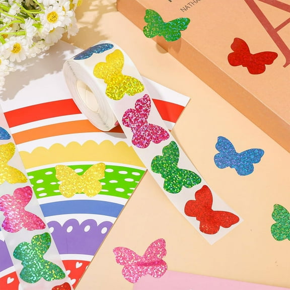 Spring Butterfly Stickers Roll,Laser Butterfly Shape Seal Stickers,Butterfly Stickers for Crafts,Seal Label Stickers Self-Adhesive Decals for Envelope Journal Decor Birthday Wedding,500 Pcs