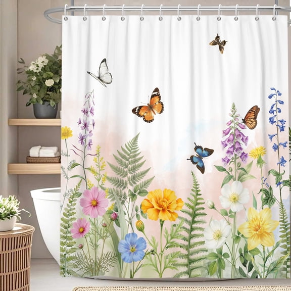 Spring Butterfly Wildflower Shower Curtain,72x72 Inch,Waterproof Polyester Bathroom Curtain With Hooks