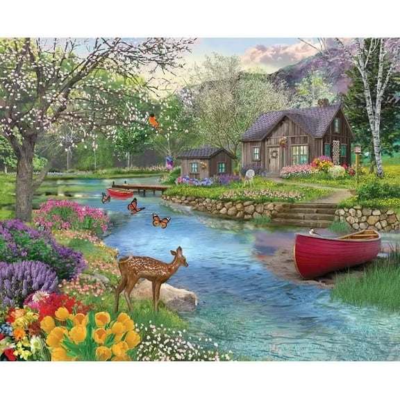 Spring Cabin 300 Piece Jigsaw Puzzle – River Pier & Nature Scene, 18"x24"