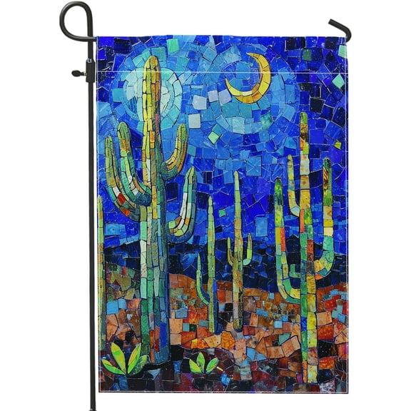 Spring Cactus Garden Flag Geometric Plants Vintage Desert Blue Linen Double Sided Small Burlap Yard Lawn Porch Patio Welcome Flag 12 x 18 Inch