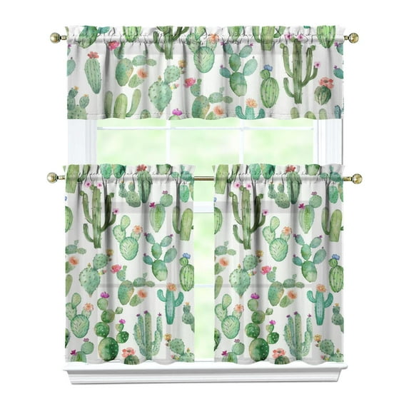Spring Cactus Plant Curtains for Kitchen Window, 3PCS 27.5x36in Polyester Valance and Tier Set, Great for Boho or Farmhouse Decor