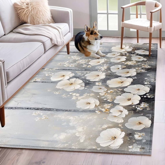 Spring Camellia Area Rugs 4x6 ft Retro Spring Flower Oil Painting Washable Rug Non Slip Indoor Carpet Absorbent Floor Mat for Living Room Bedroom Dining Room