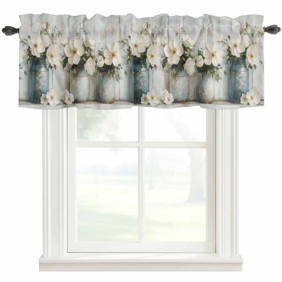 Spring Camellia Valances for Windows Retro Flower Oil Painting Wood Grain Rod Pocket Curtain Valance Window Treatment Short Curtains for Kitchen Living Room, 60"x18"