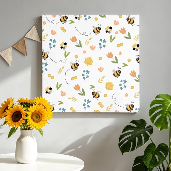 Spring Canvas Wall Art, Cartoon Flower Farm Plants Watercolor Bee Yellow Honey Framed Canvas Wall Decor Picture Print Artwork Decorations for Living Room Office Ready to Hang 8" x 8"