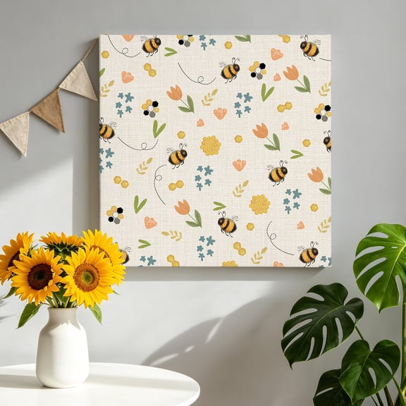 Spring Canvas Wall Art, Cartoon Flower Farm Plants Watercolor Bee Yellow Honey Retro Framed Canvas Wall Decor Picture Print Artwork Decorations for Living Room Office Ready to Hang 8" x 8"
