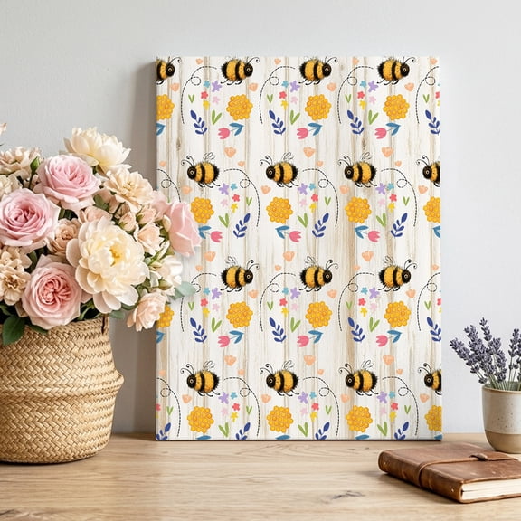 Spring Canvas Wall Art, Cartoon Flowers Farm Plants Watercolor Bee Yellow Honey Retro Framed Canvas Wall Decor Picture Print Artwork Decorations for Living Room Office Ready to Hang 24" x 20"
