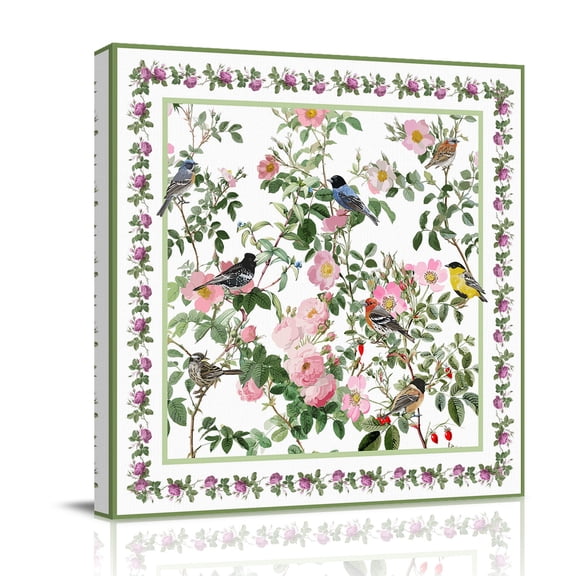 Spring Canvas Wall Art for Living Room, Oriental Traditional Ethnic Floral Birds Retro White Poster Print Painting for Bedroom Office Home Decoration Wall Pictures Prepare To Hang 12"x12"