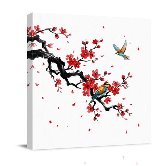 Spring Canvas Wall Art for Living Room, Oriental Traditional Red Plum Blossoms Birds Ethnic Poster Print Painting for Bedroom Office Home Decoration Wall Pictures Prepare To Hang 10"x10"