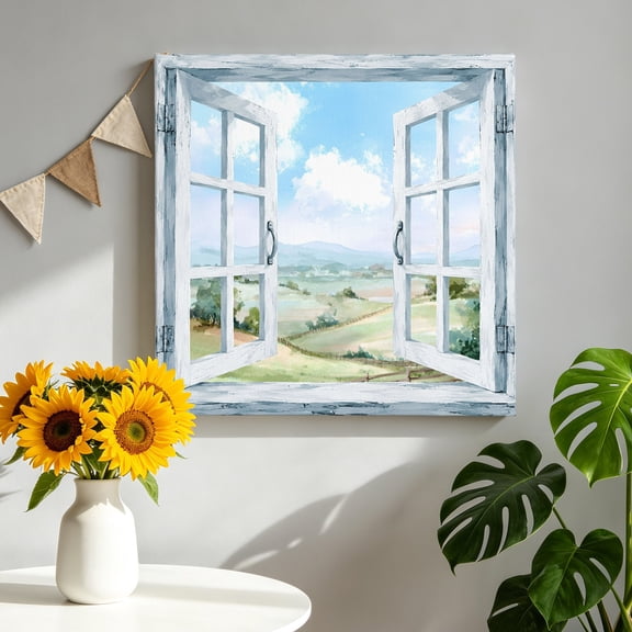 Spring Canvas Wall Art, Rustic Open Window Watercolor Green Hills Pastoral Landscape Pictures Wall Decor Wooden Framed Artwork Art Prints for Living Room Hallway Bedroom Office 12"x12"